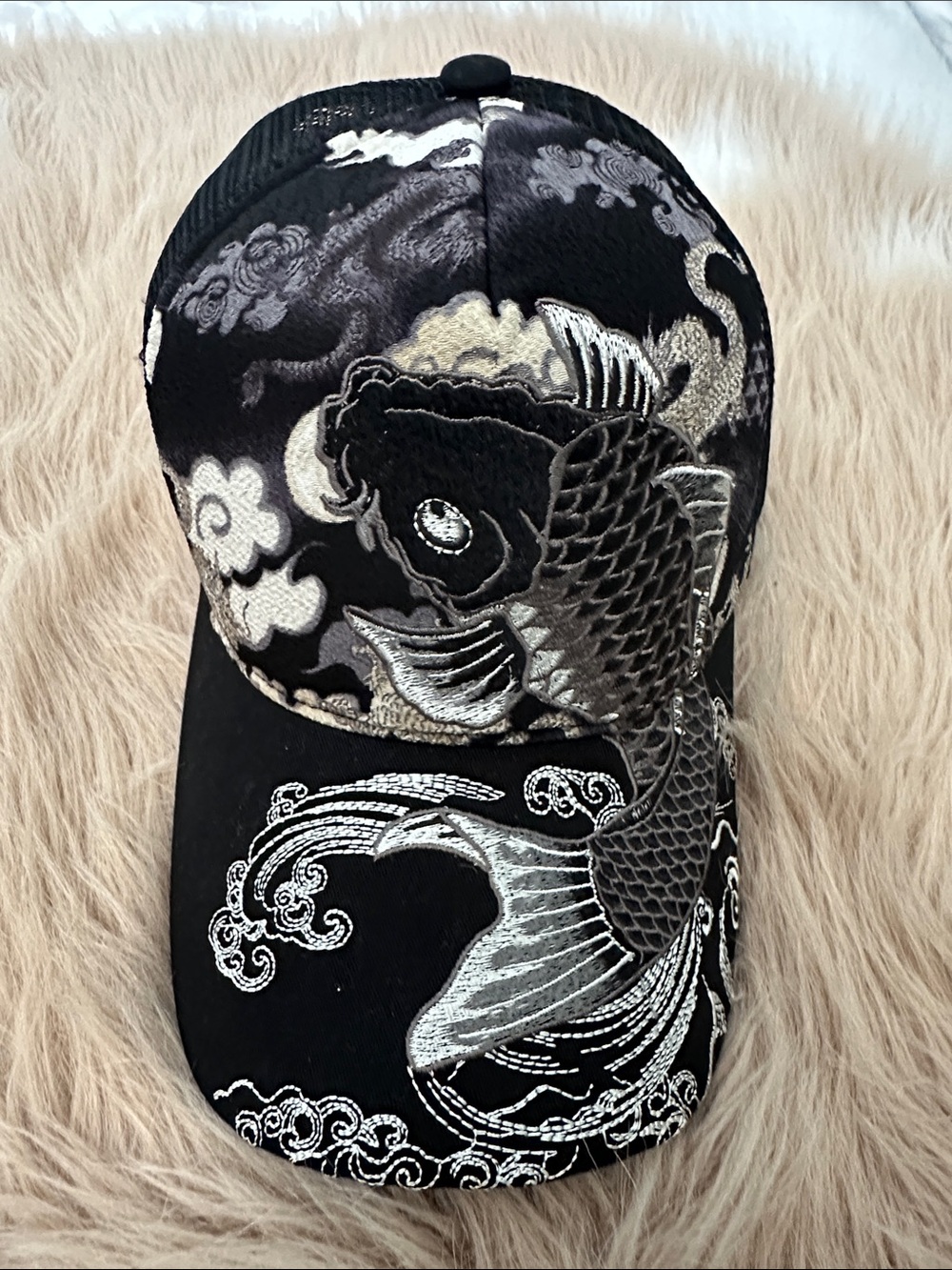 Ripple Black Embroidered Koi Fish Baseball Cap